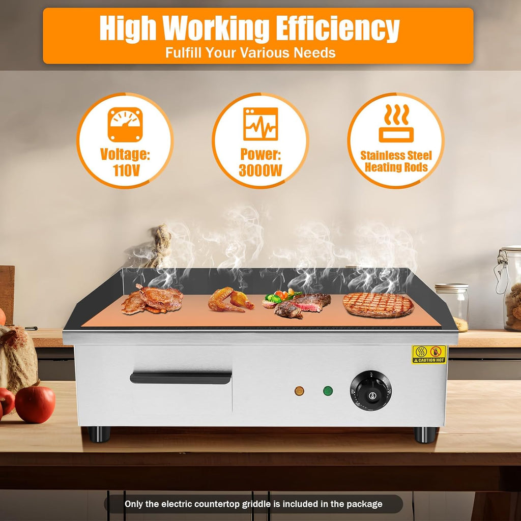 22' 3000W Commercial Countertop Electric Grill Pan, Flat Bottom Grill, Stainless Steel Hot Plate Grill, Adjustable Thermostat Control Restaurant Grill