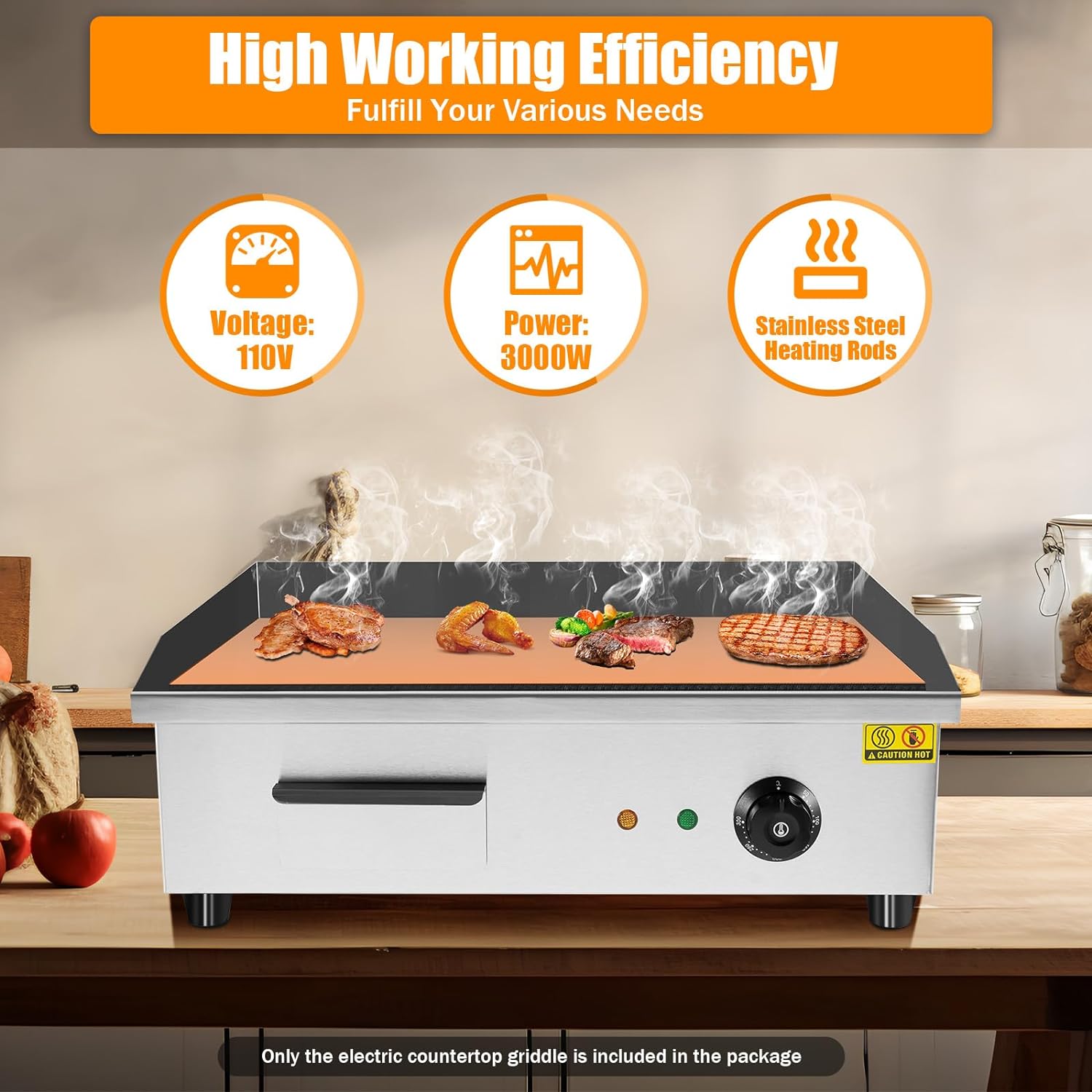 22' 3000W Commercial Countertop Electric Grill Pan, Flat Bottom Grill, Stainless Steel Hot Plate Grill, Adjustable Thermostat Control Restaurant Grill