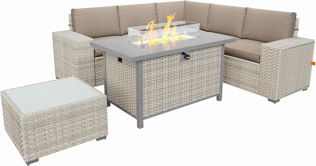 7 Piece Patio Furniture Set with 50,000 BTU Rattan Fire Pit Table that Converts to Coffee Table, 9.8' Wide Arm Sectional Sofa with Storage Armrests, Outdoor Rattan Conversation Set, Khaki