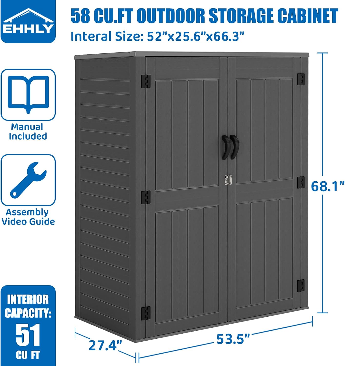 EHHLY Vertical Resin Storage Shed, 60 Cuft Garden Tool Sheds & Outdoor Storage, Plastic Outdoor Storage Cabinet Waterproof, 4.5 x 2.3 ft Backyard Outside Lawn Mower Storage Shed, Grey
