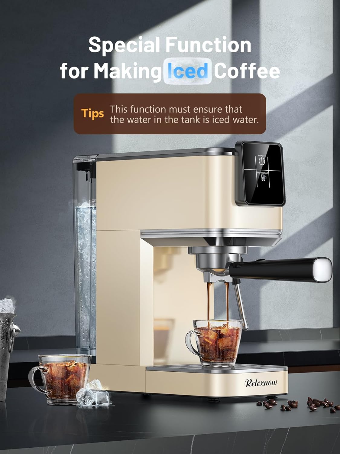 RELEXNOW Espresso Machine, 20 Bar Espresso Maker Milk Frother & LCD Panel, Hot & Iced Coffee Machine, Stainless Steel Espresso Coffee Machine with 41oz Water Tank for Cappuccino, Latte