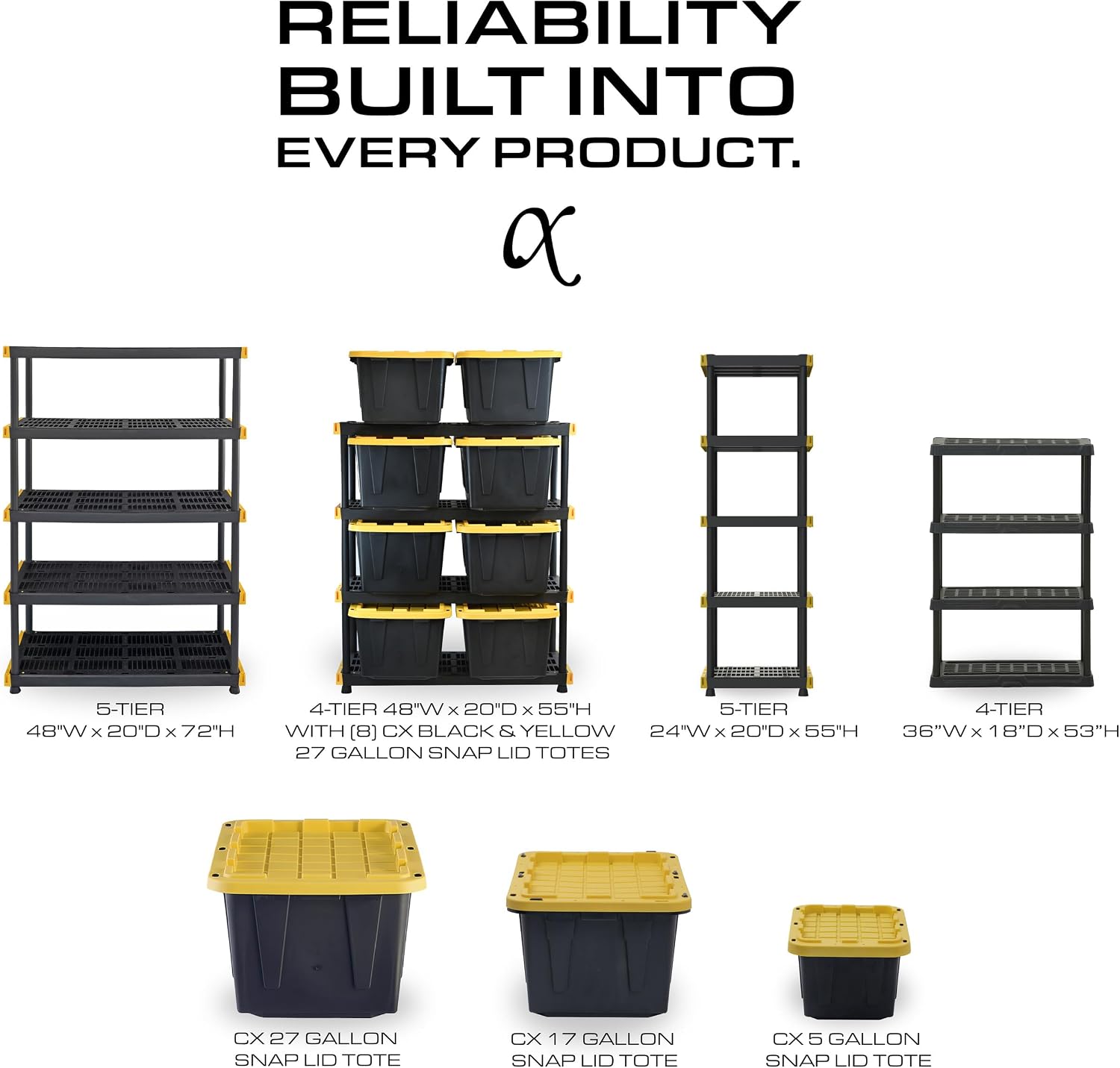CENTREX CX 5-Tier Heavy Duty Plastic Storage Shelves that Support up to 150lbs/shelf, Organization and Storage, Weather-Resistant Design, Easy Assembly, 2 Pack, Black (72'H x 36'W x 18'D)