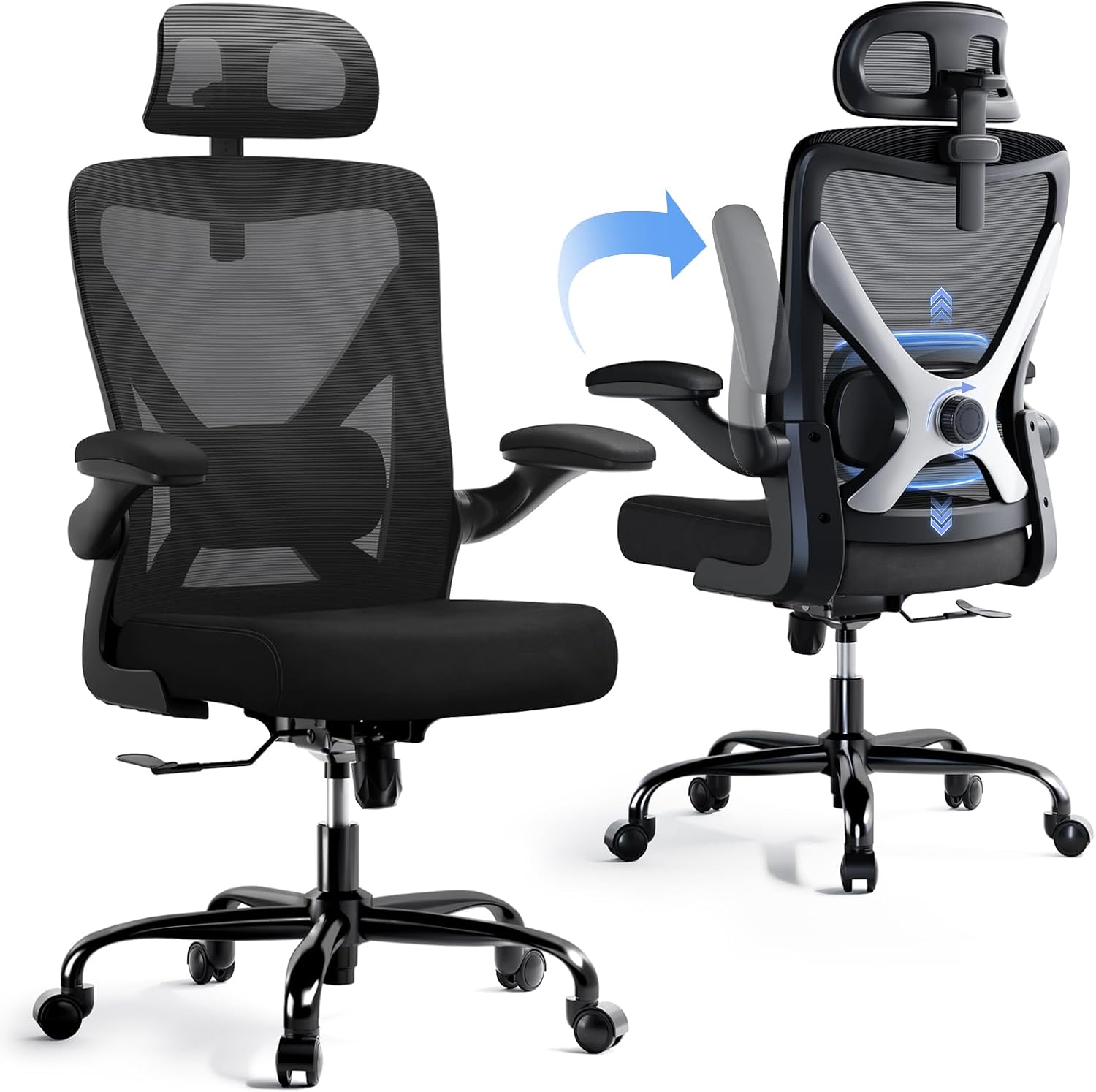 Ergonomic Office Chair - X-Shaped Computer Desk Chair Comfy, Gaming Chair, Office Chair with Lumbar Support, Mesh Office Chairs with Headrests, Desk Chair for Long Hours, Black Silver, Pack of 5