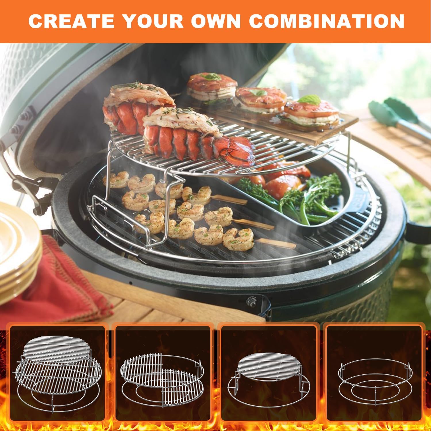 3 Tier 5 Piece Expander Rack Kit for Big Green Egg Large Replacement Grill Racks with Removable Cooking System Stainless Steel Big Green Egg Accessories