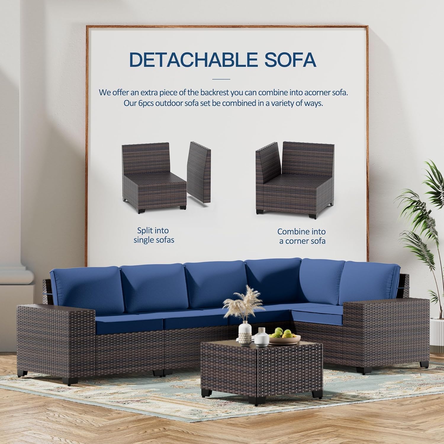 Kullavik Outdoor Patio Furniture Set,12 Pieces Sectional Rattan Sofa Set Brown PE Rattan Wicker Patio Conversation Set with 10 Seat Cushions and 2 Tempered Glass Coffee Table,Navy Blue