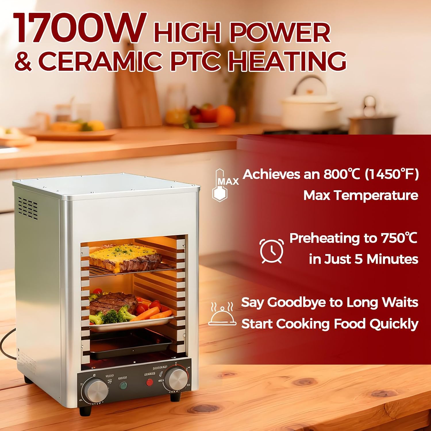 BANGBANGJI Electric Infrared Grill, 1700W Stainless Steel Steak Cooker, Time Temperature Adjustable & 10-Tier Rack, Perfect for Homes, Restaurants Cooking Pizzas, Steaks & Seafood