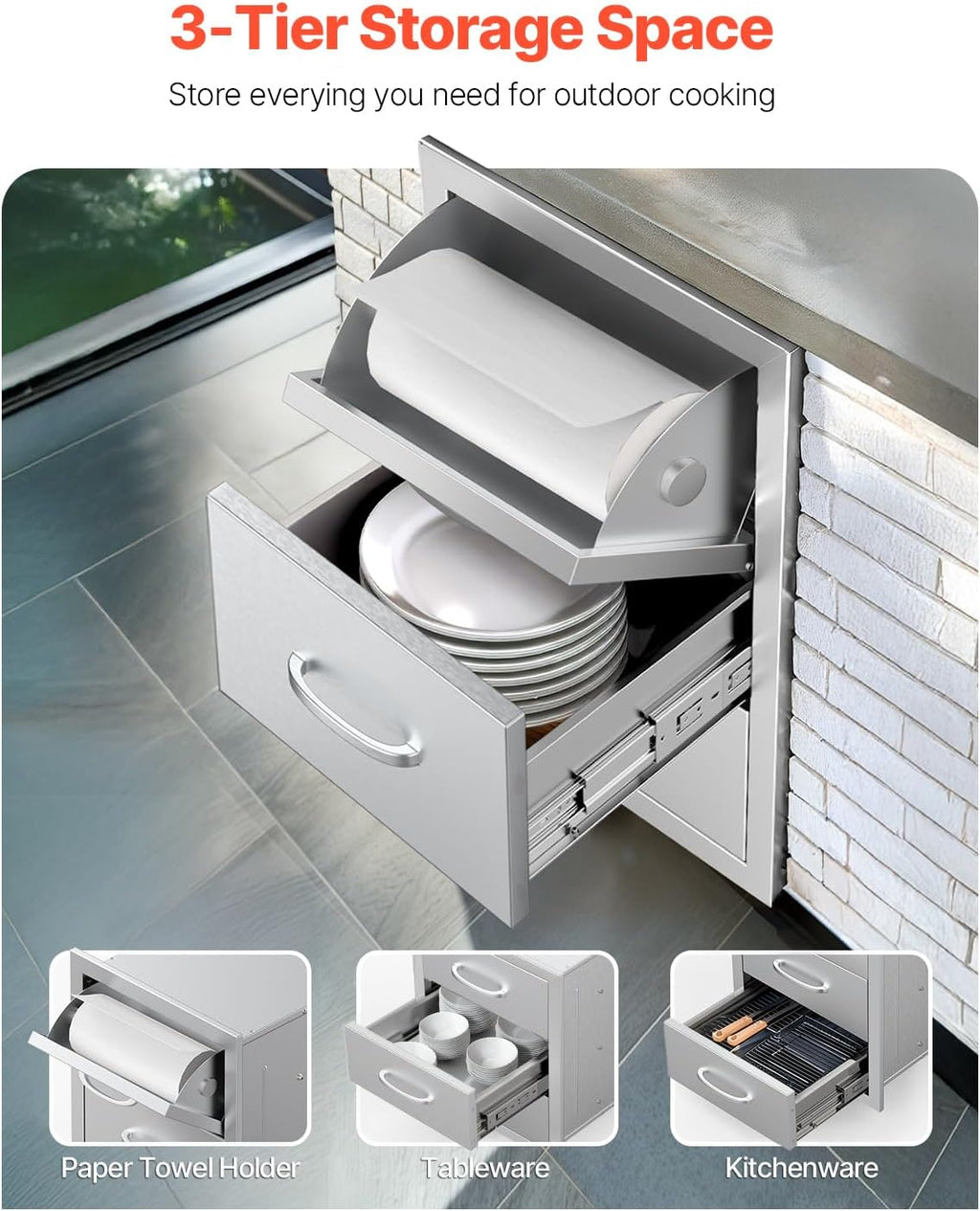 VEVOR Outdoor Kitchen Drawers, 16.5' W x 29' H x 20.5' D Triple Access Drawers, Stainless Steel Flush Mount Cabinets, BBQ Island Storage with Paper Towel Holder & Handle, for Patio Grill Station