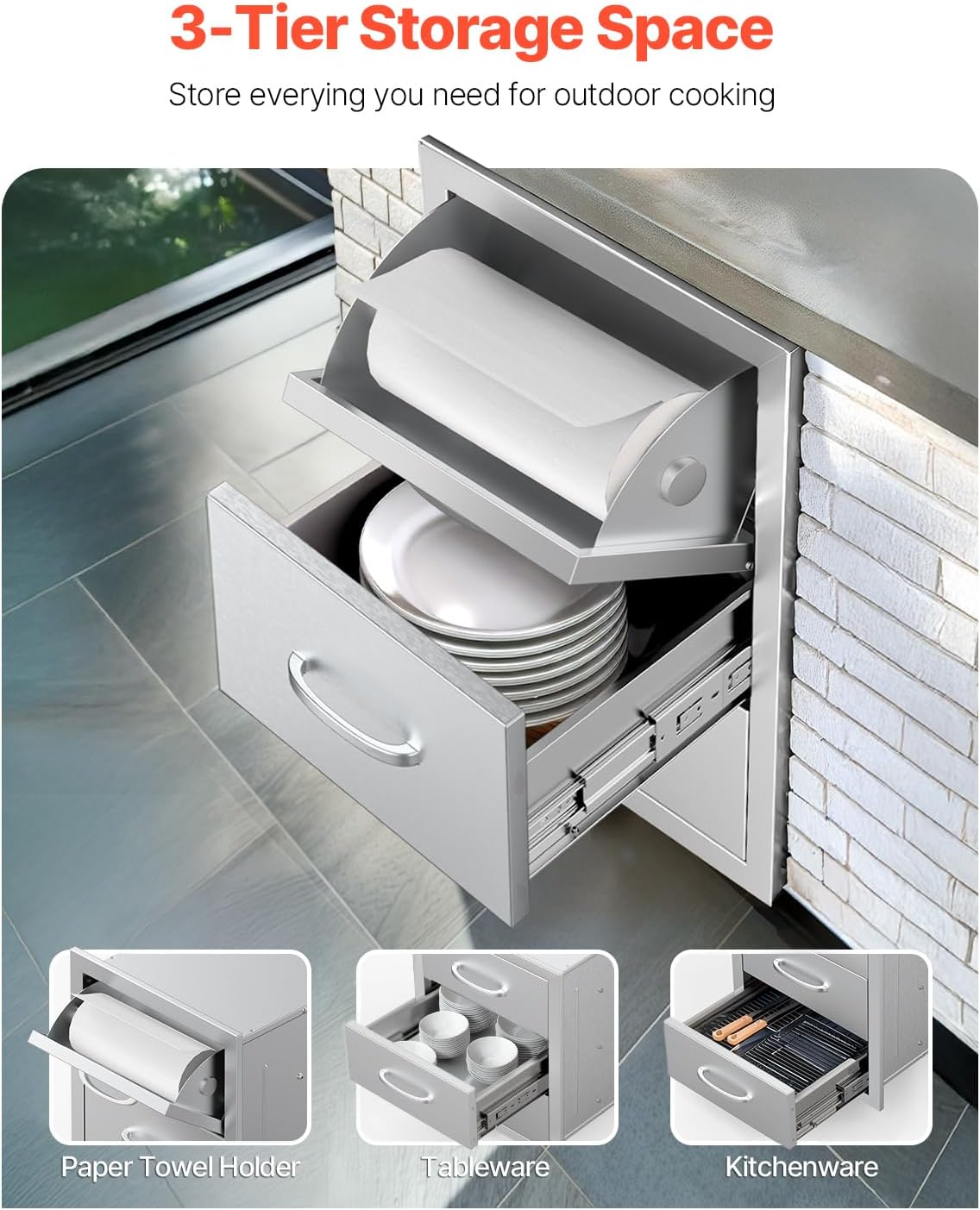 VEVOR Outdoor Kitchen Drawers, 16.5' W x 29' H x 20.5' D Triple Access Drawers, Stainless Steel Flush Mount Cabinets, BBQ Island Storage with Paper Towel Holder & Handle, for Patio Grill Station