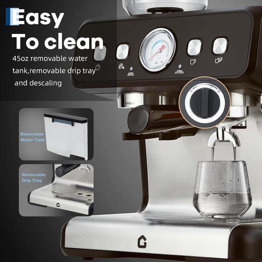 20-Bar Espresso Coffee Machine with Built-In Grinder, 2.8L Removable Tank, Adjustable Shot Volume & Steam Wand, Stainless Steel Coffee Maker for Home or Office