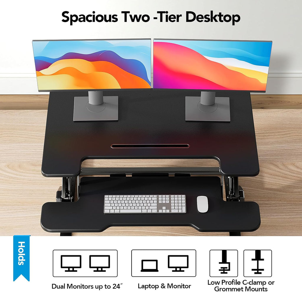 HUANUO 32' Z Shaped Stable Standing Desk Converter, Height Adjustable Sit Stand Up Desk Riser, Dual Monitor and Laptop Workstation with Wide Keyboard Tray, Desk Lifter for Home Office
