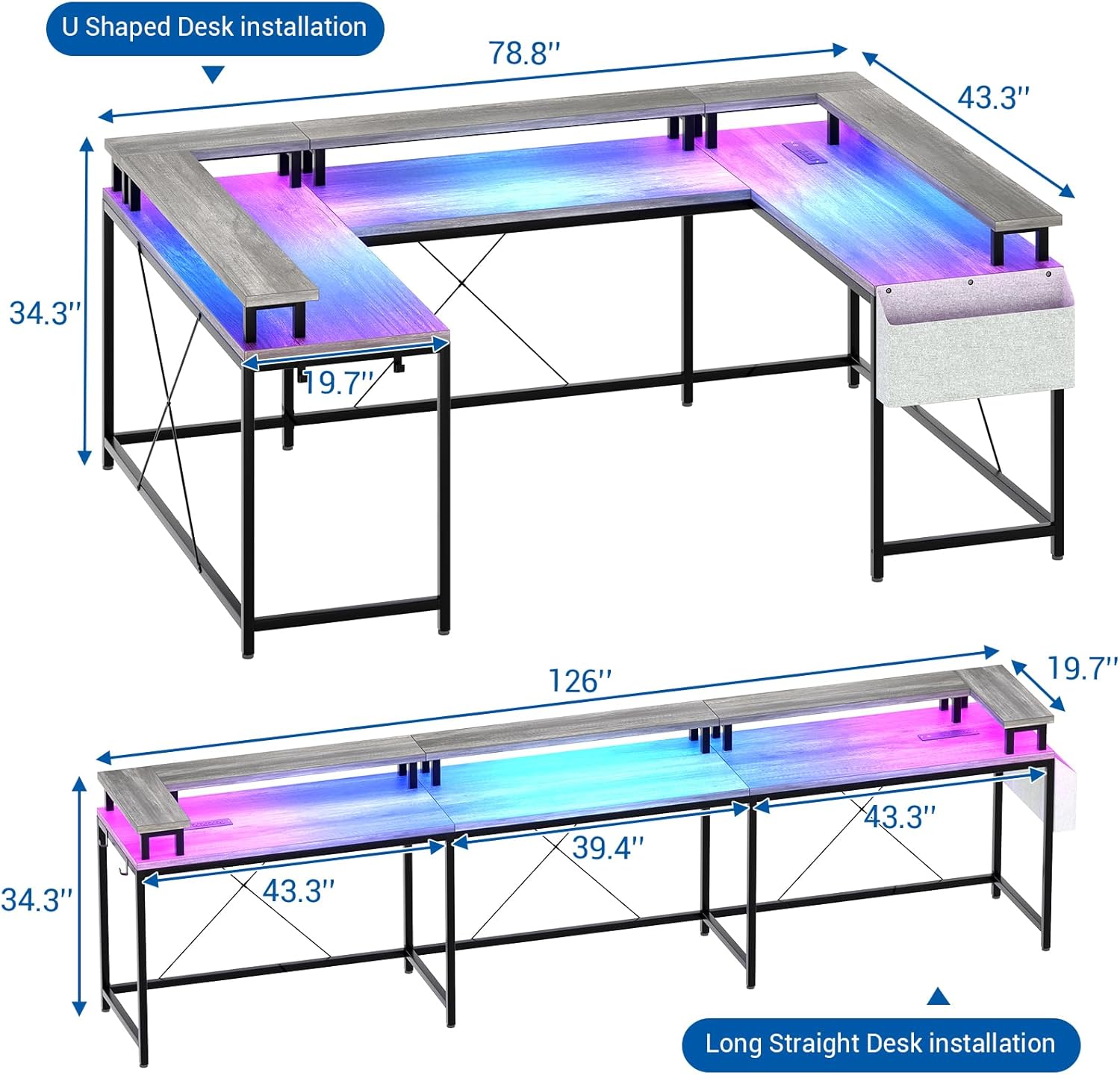 Garvee 79 Inch u Shaped Computer Desk,Large Gaming Desk with Power Outlets & LED Lights,Reversible l Shaped Desk for Home Office Work and Gaming,Gray