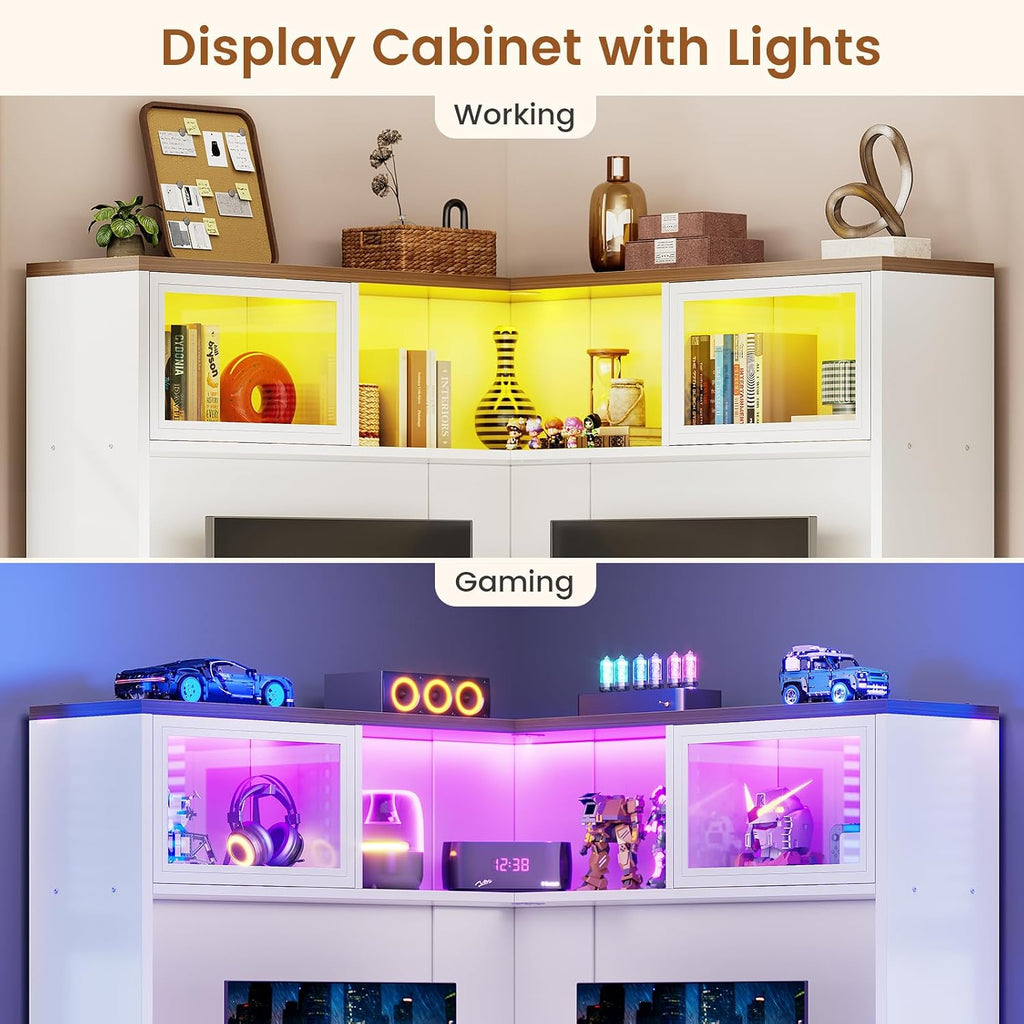 SEDETA 31.5' Corner Desk with Drawers, Small Office Computer Desk with Storage Shelves & Hutch for Small Space, Gaming Desk with LED Lights & Power Strip for Home Office, White + Brown