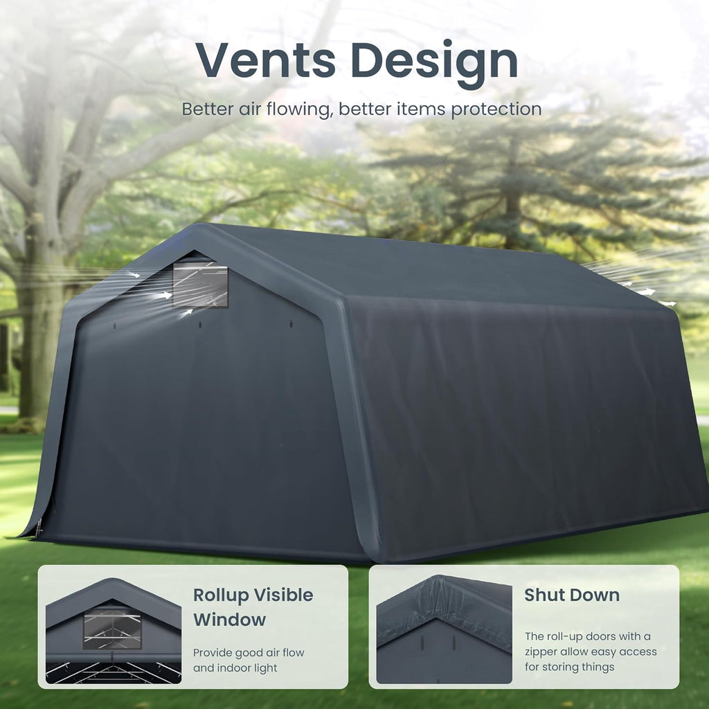 PHI VILLA 13X22ft Carport, Portable Garage Carports Outdoor Storage Shelter Shed Garage Canopy with Rollup Zipper Doors & Waterproof UV Resistant Garages Tent for Cars,Boats,Tools, Motorcycle, Gray
