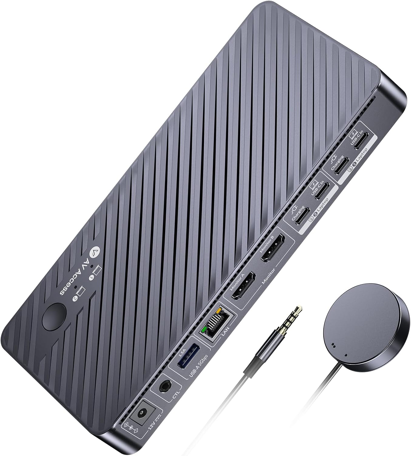 AV Access Docking Station KVM Switch 2 Monitors 2 Laptops, 4K KVM Switch Dual Monitor, 100W PD for Each PC, 1G Ethernet, EDID Emulation, Ideal for Home Office & Gaming
