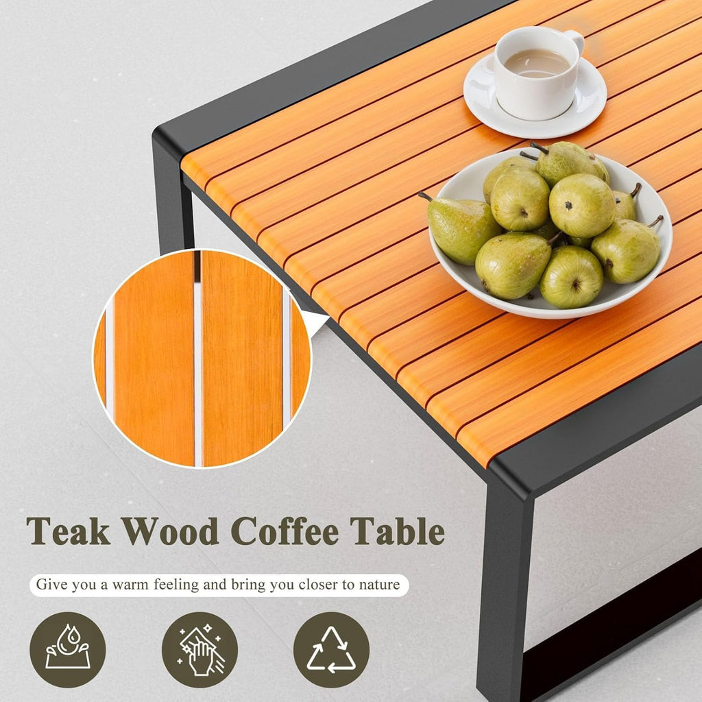 Aluminum Patio Furniture Set, All-Weather Outdoor Couch Sectional, L Shaped Patio Conversation Sets, Metal Corner Sofa with Teak Coffee Table(Cushion: Beige., Black Frame)