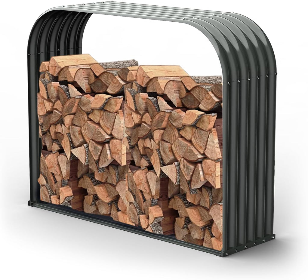 ANLEOLIFE Galvanized Steel Firewood Rack with Weatherproof Corrugated Roof (Shed-Style Log Storage), Heavy Duty Outdoor Log Holder, Rust Resistant, Trio Gray, 18'D x 54'W x 43'H