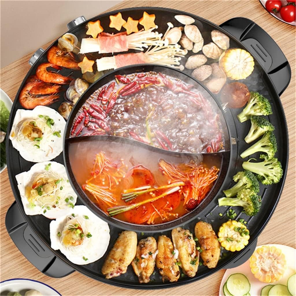 Smokeless Grill Electric Hot Pot Barbecue Machine Large Capacity Temperature Split Home BBQ(white-Dinosaur Doodle4,110V US)