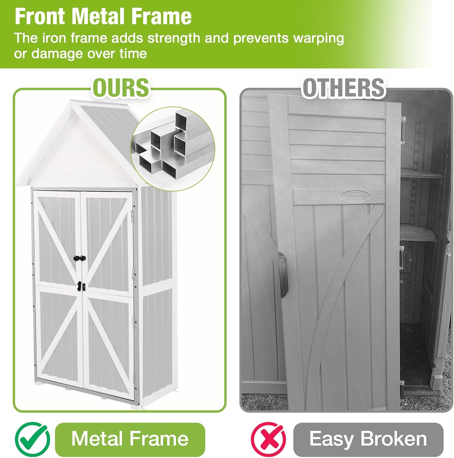 GUTINNEEN Outdoor Storage Cabinet, Wood & Metal Frame Garden Storage Shed with Waterproof Plastic Roof, Adjustable Shelves, Raised Base, Weather-Resistant Tool Shed for Backyard, Patio & Lawn, 67.5'H