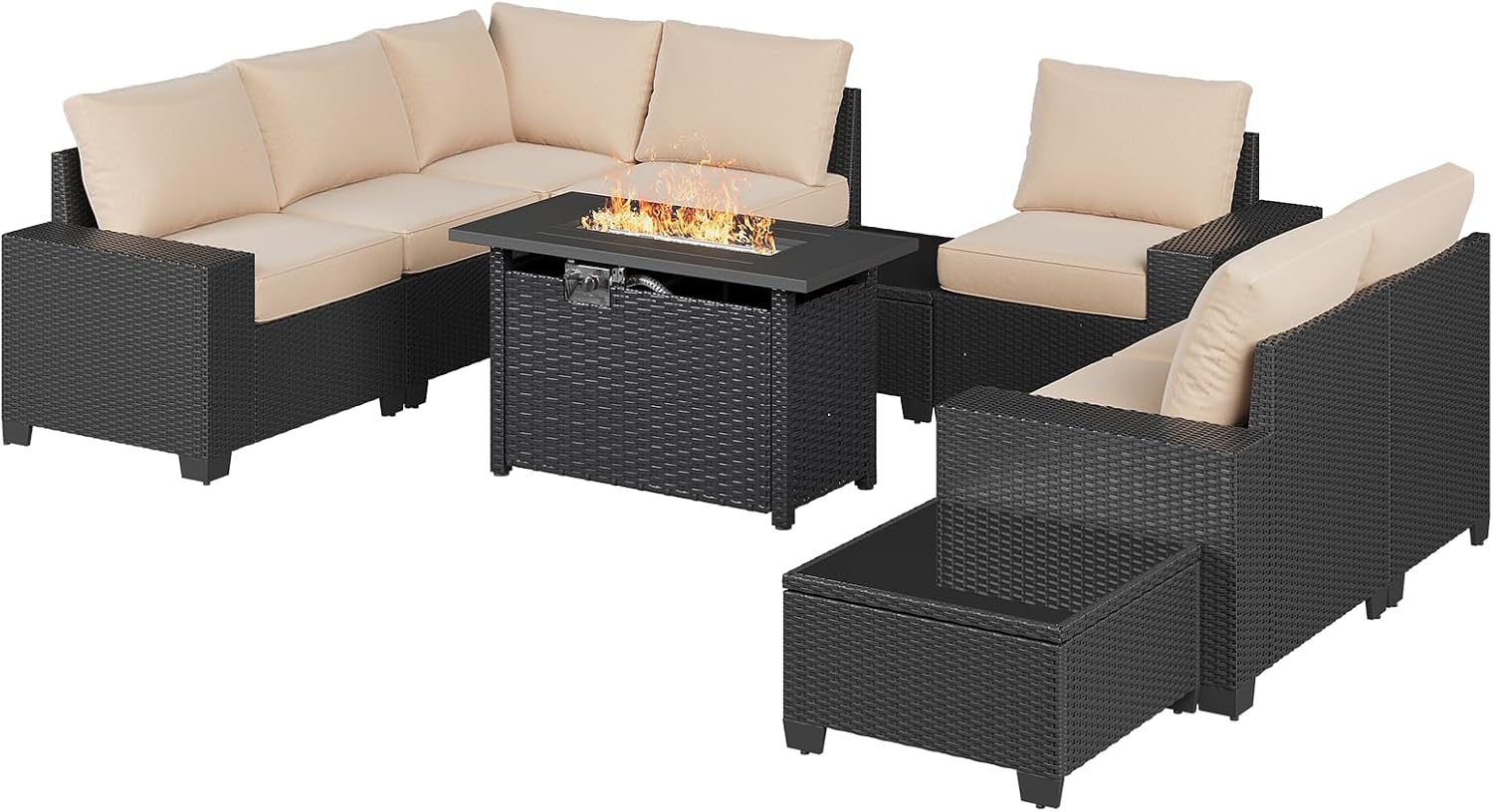 Aoxun Patio Furniture Sets with 44'' Fire Pit, 10 Pcs Outdoor Patio Coversation Set with 4'' Thicken Cushion and Coffee Table, Widen Armrests Wicker Outdoor Sectional for Backyard & Garden, Beige