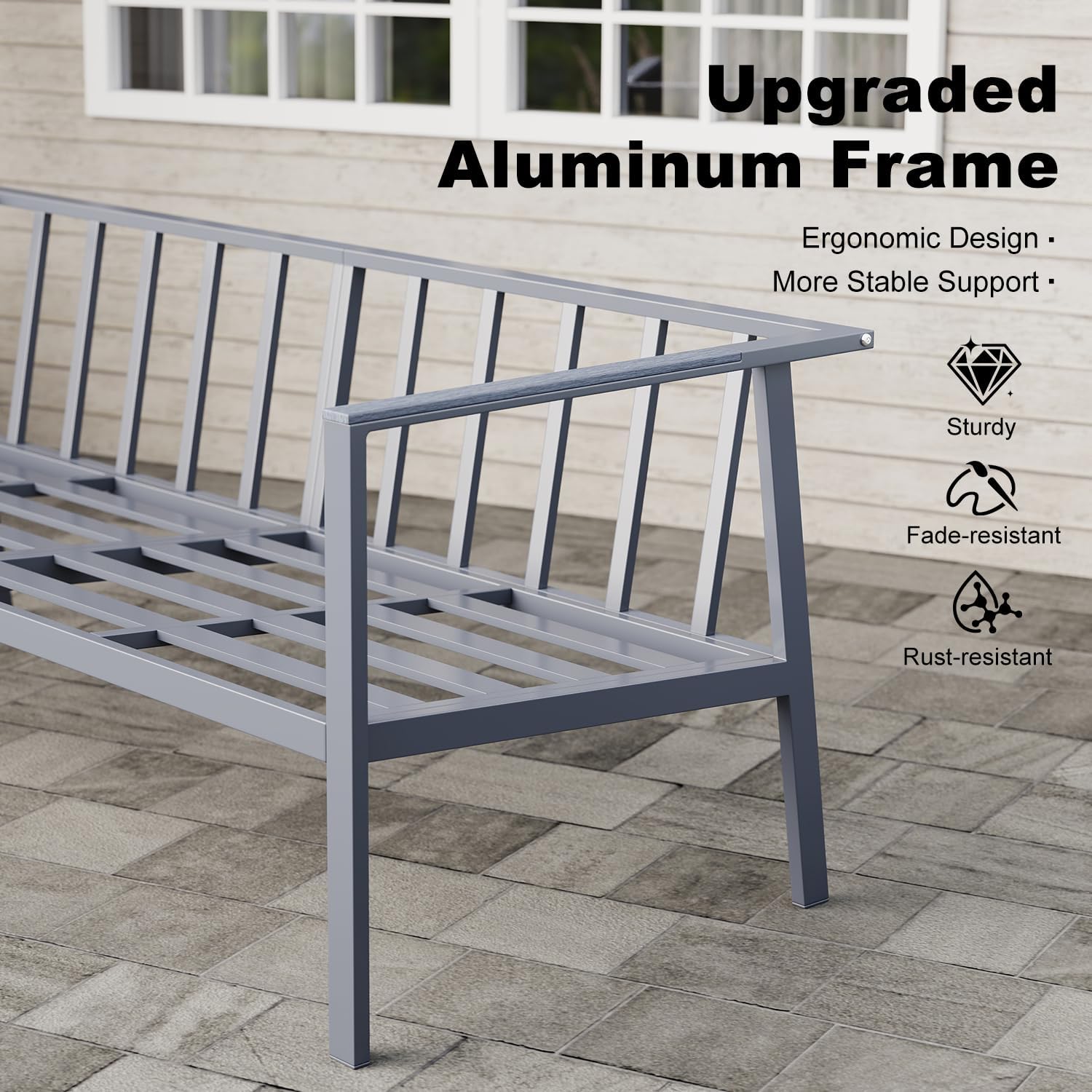 All Aluminum 3-Seater Sofa Outdoor Patio Three Seat Sofa Weatherproof Leisure Couch for Garden Backyard Grey