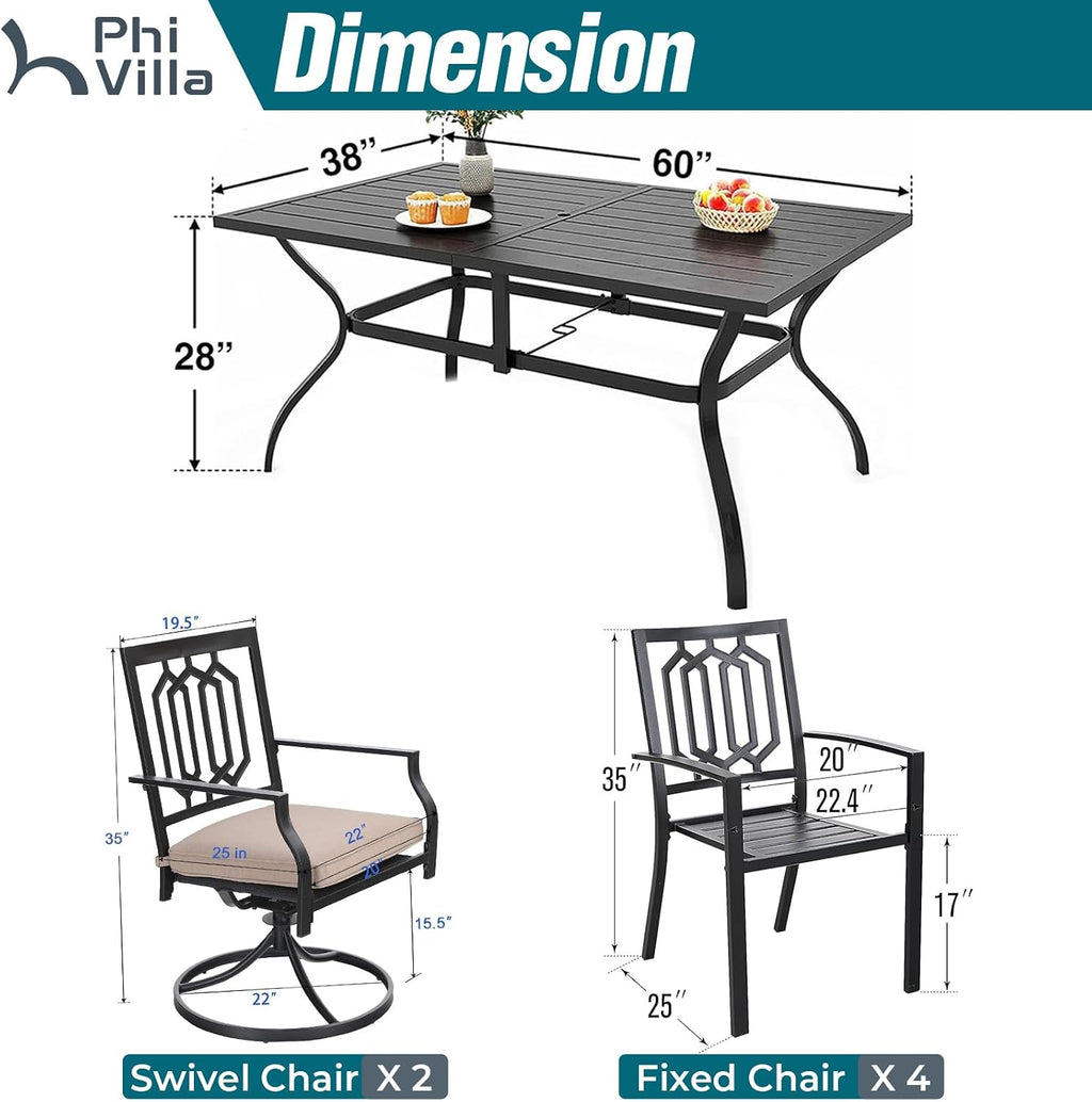 PHI VILLA 7 Pieces Outdoor Dining Set for 6, 60' Black Rectangular Metal Table with Umbrella Hole & Fixed Swivel Chairs Combo, Heavy-Duty Furniture for Patio, Deck, Backyard, Porch