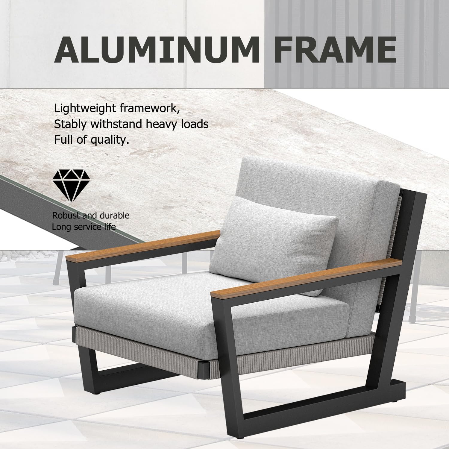 Aluminum Patio Furniture Set, Modern Metal Outdoor Conversation Sectional Sofa with Washable Thick Cushions, Coffee Table and Waterproof Cover (Grey, DWL-5Seat)