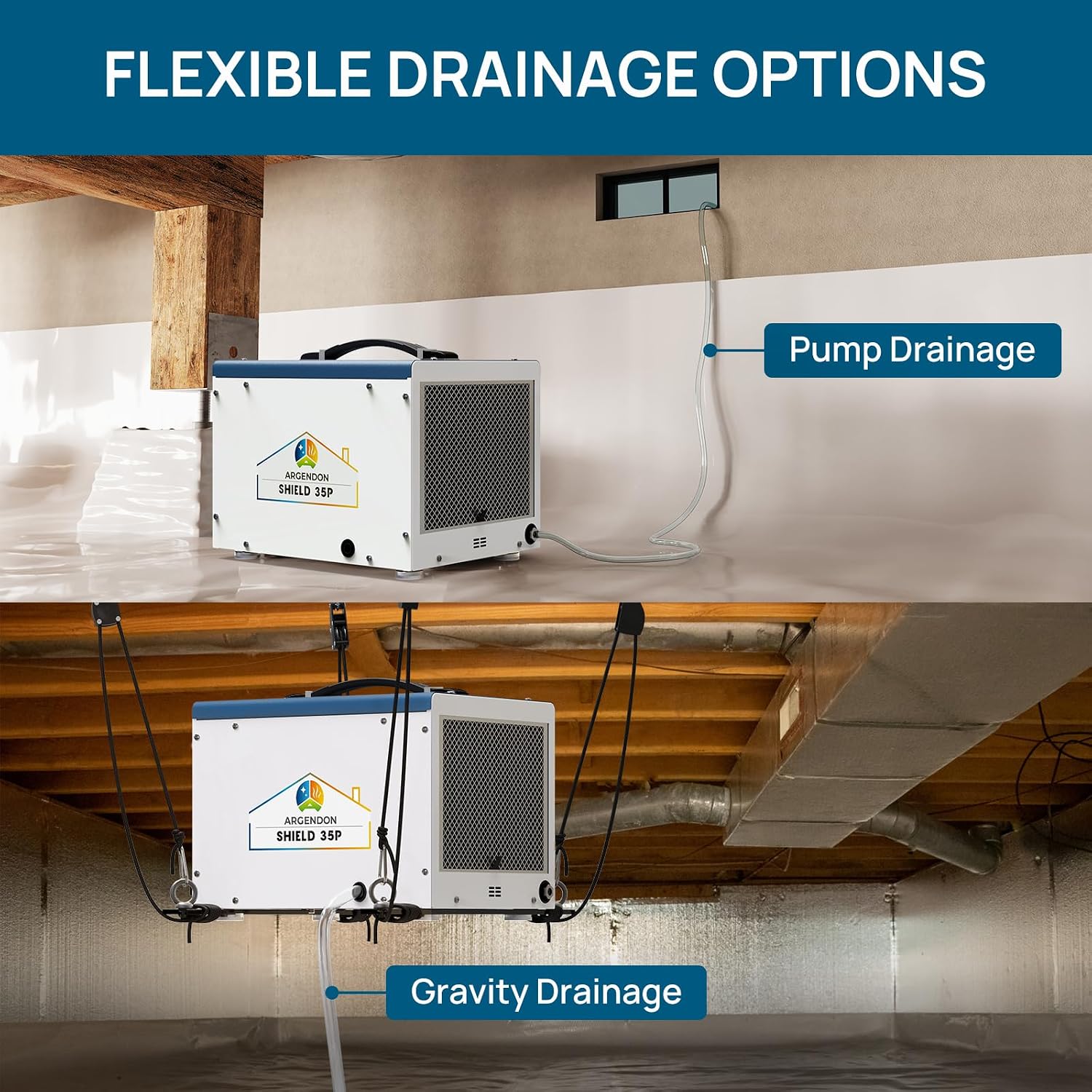 ARGENDON Crawl Space Dehumidifier with Pump, 70 Pint Compact Commercial Dehumidifier for Basement, Drain Hose, Auto Defrost, Memory Restart, Up to 1,000 Sq.Ft, ETL, 5-Year Limited Warranty