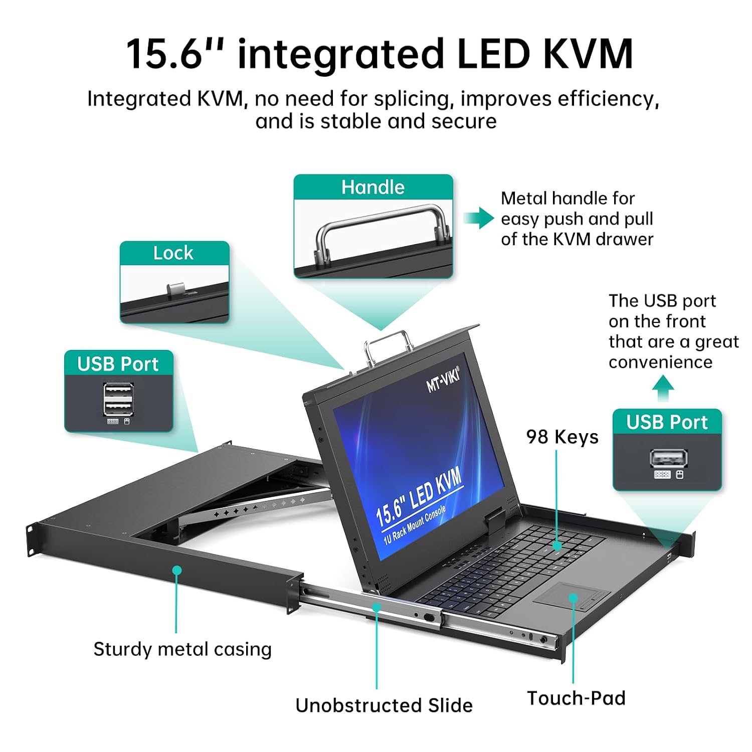 MT-VIKI Rack Mount KVM Console w/15.6' LCD Monitor, 8 Port HDMI KVM Switch, 1920x1080@60Hz 1U Integrated Monitor Keyboard, Fits 18.9' to 31.5' Deep Racks (480-800mm), Included 8 Cables