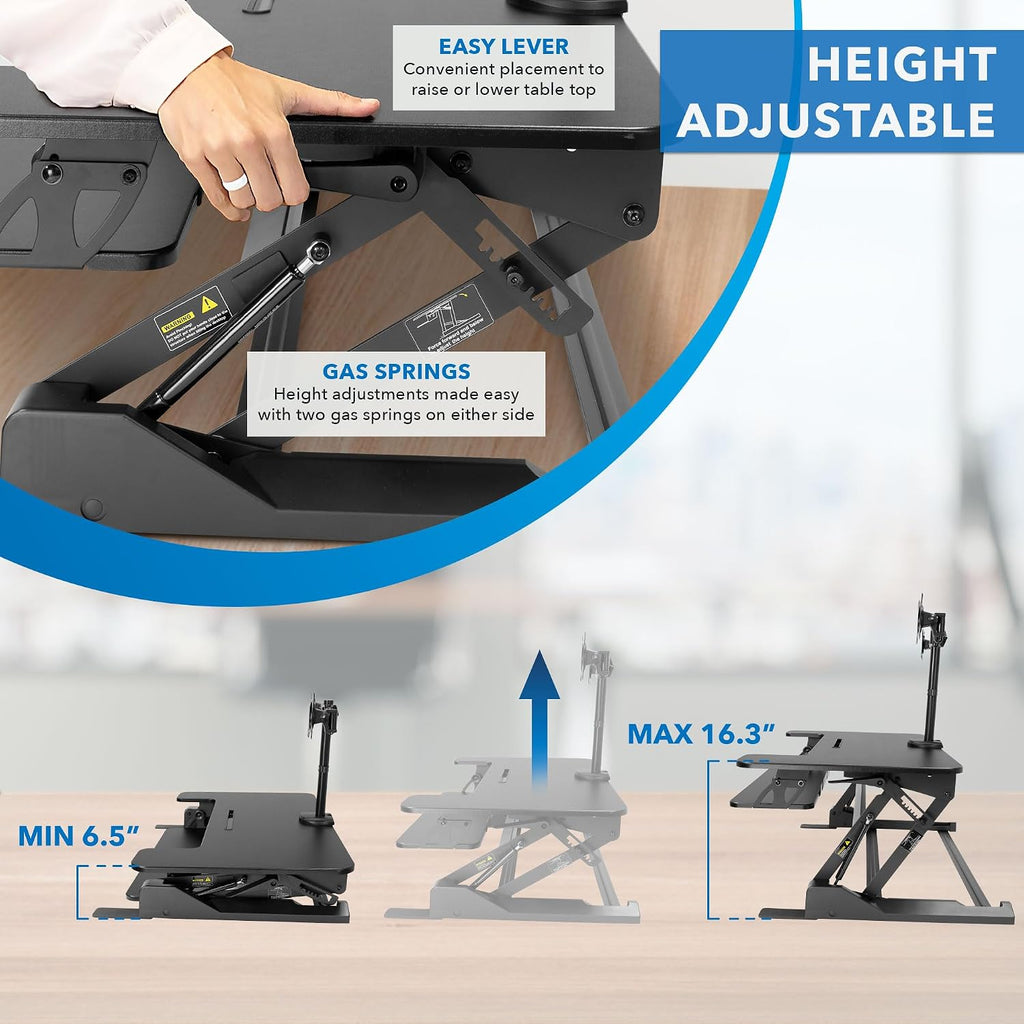 Mount-It! Standing Desk Converter Dual Monitor, 2 Screen Mounts Included, Height Adjustable Desk Riser in Black, Stand Up Desk Convertor Large 36' Wide, Sit Stand Convertor with Manual Lift Gas Spring
