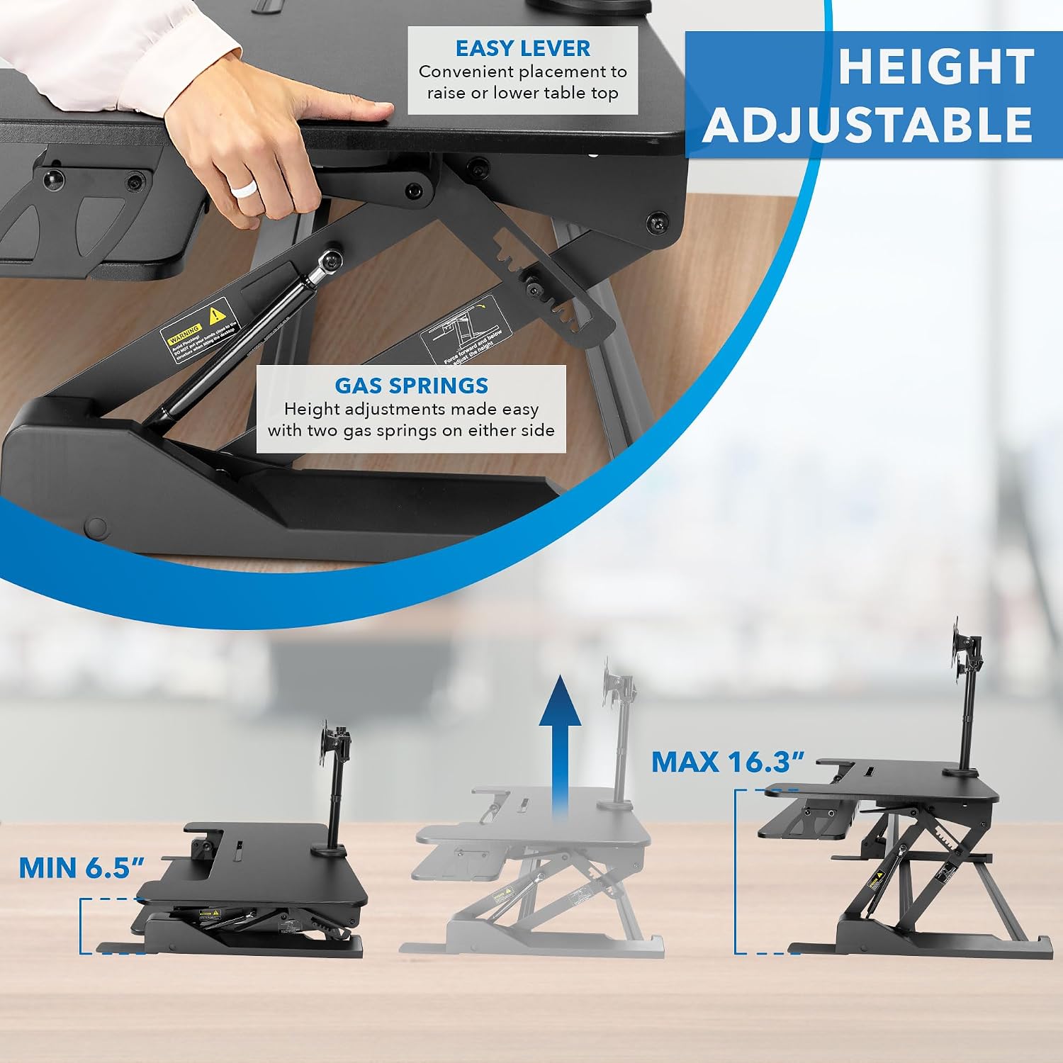 Mount-It! Standing Desk Converter Dual Monitor, 2 Screen Mounts Included, Height Adjustable Desk Riser in Black, Stand Up Desk Convertor Large 36' Wide, Sit Stand Convertor with Manual Lift Gas Spring