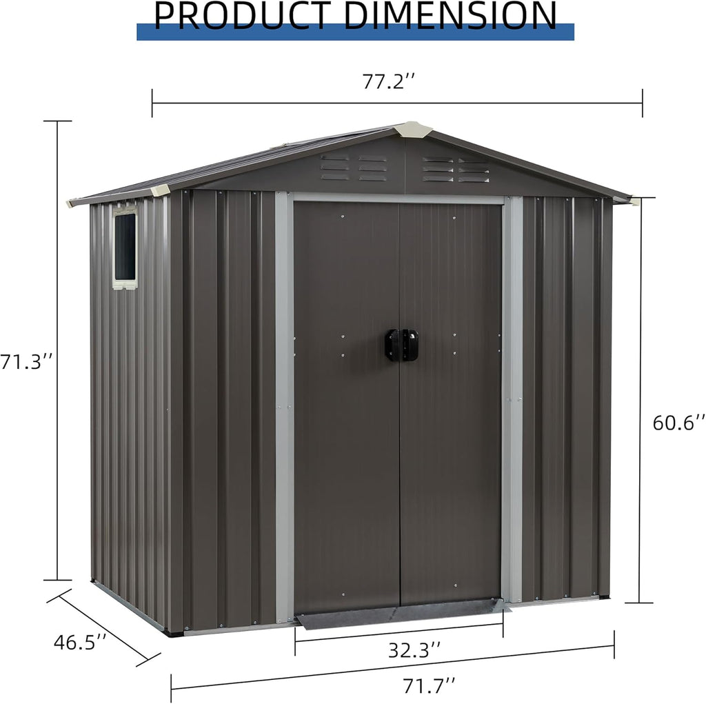 JYQAQA 6x4 FT Outdoor Garden Storage Shed,Waterproof Metal Garden Sheds with Lockable Double Door,Weather Resistant Steel Tool Storage Shed for Patio,Lawn Gray