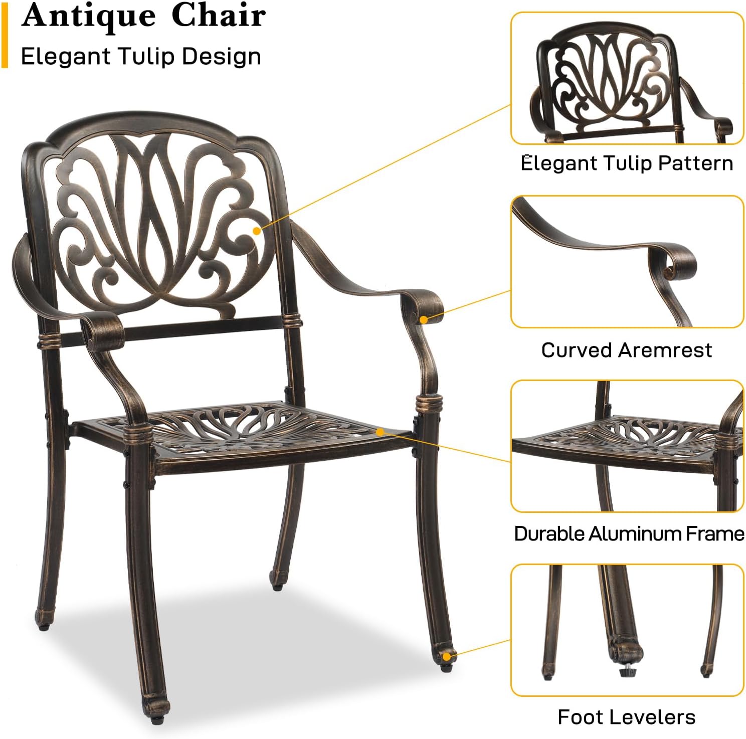 VINGLI 3 Piece Outdoor Bistro Set, Cast Aluminum Patio Table and 2 Chairs Set for Patio Balcony Garden, All Weather Outdoor Furniture Set with Stackable Chairs and Small Round Table (Without Cushion)