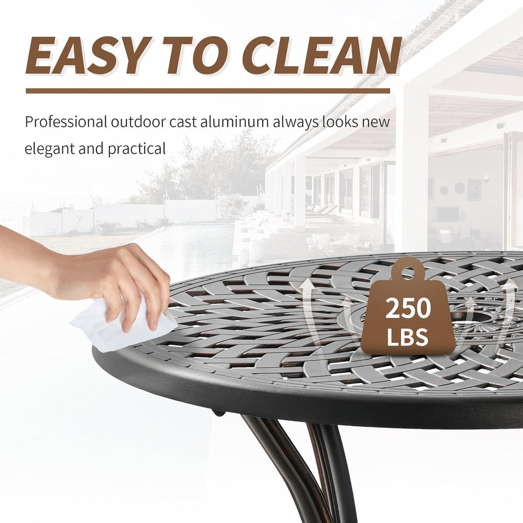 3 Piece Outdoor Dining Set,Cast Aluminum Bistro Set with Umbrella Hole, All Weather Patio Furniture Set, Small Patio Dining Set for Garden/Balcony/Deck Bronze (Flower Backrest)