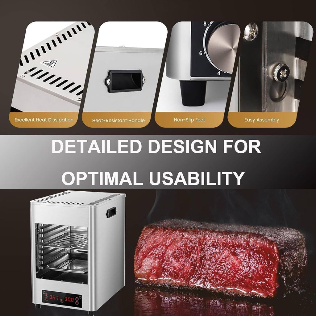 Electric Steak Grill Indoor, 1700w Steak Broiler Automatic Steak Smoker Grill With Gloves/Baking Tray,800℃ Adjustable Temperature & 10min Timer For Beef Chicken Vegetables,A1