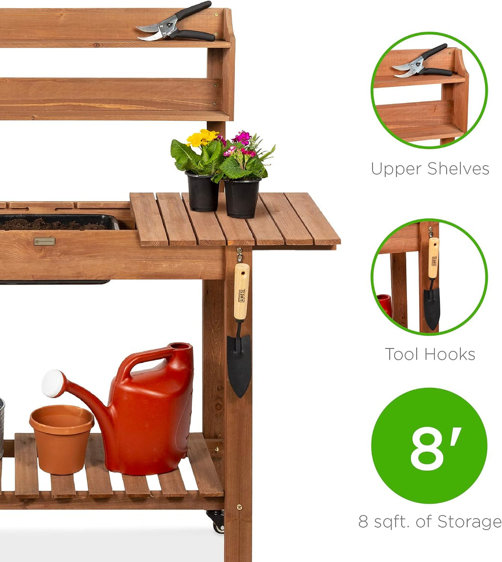 Best Choice Products Mobile Garden Potting Bench, Outdoor Wood Workstation Table w/Sliding Tabletop, 4 Locking Wheels, Food Grade Dry Sink, Storage Shelves - Brown