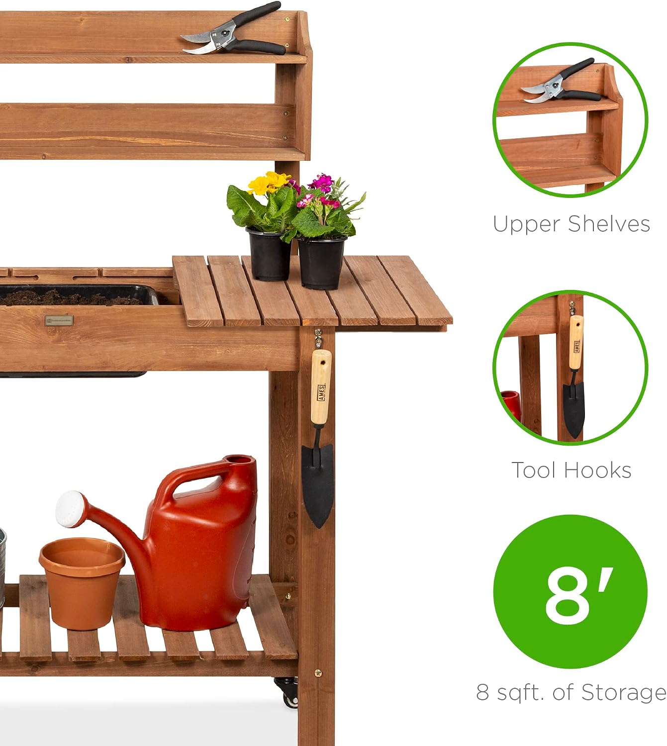 Best Choice Products Mobile Garden Potting Bench, Outdoor Wood Workstation Table w/Sliding Tabletop, 4 Locking Wheels, Food Grade Dry Sink, Storage Shelves - Brown