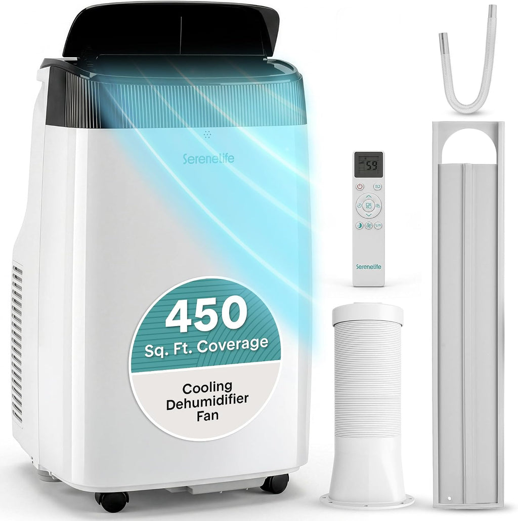 SereneLife Small Air Conditioner Portable 10,000 BTU with Built-in Dehumidifier - Portable AC unit for rooms up to 450 sq ft - Remote Control, Window Mount Exhaust Kit