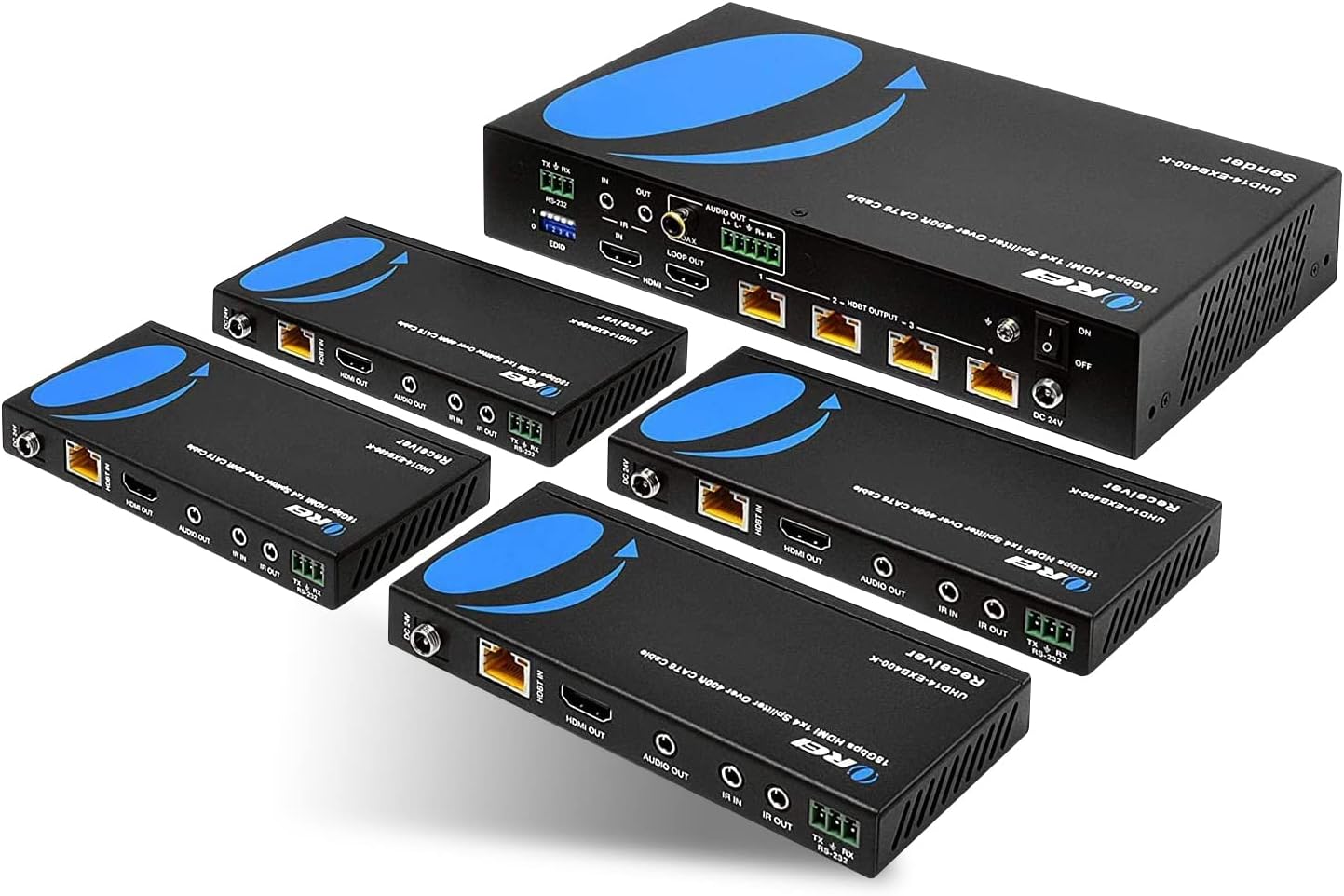 OREI 1x4 HDMI Extender Splitter HDBaseT 4K, Multiple Over Single Cable CAT6/7 4K@60Hz 4:4:4 HDCP 2.2 With IR Remote EDID Management, HDR - Up to 400 Ft - Loop Out - Low Latency - Full Support