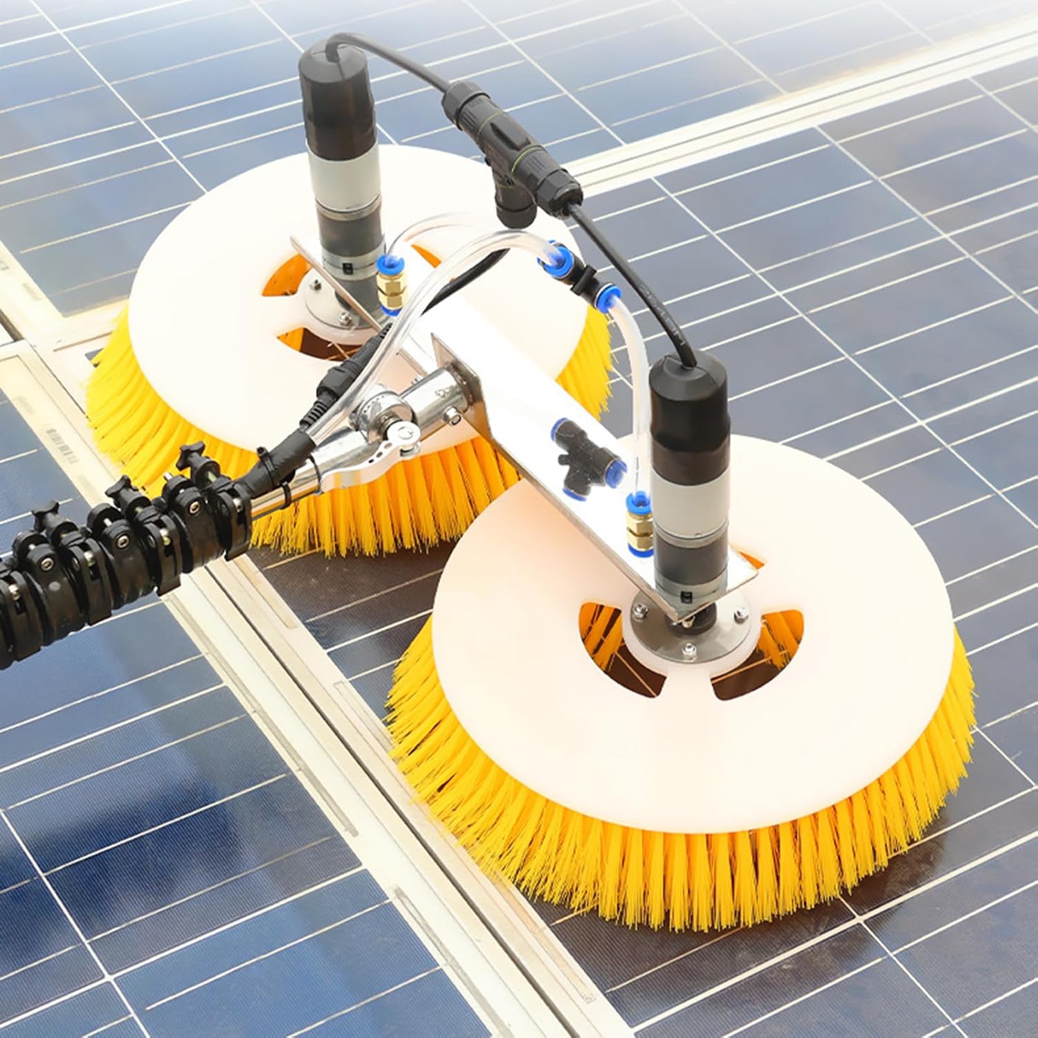 Solar Cleaning Brush, Electric Solar Photovoltaic Panel Cleaning, 70cm Rotating Double Brush Head, Water Powered Pole Kit, Solar Panel Cleaning Telescopic Rod, Outdoor Washing Device Tool,4M
