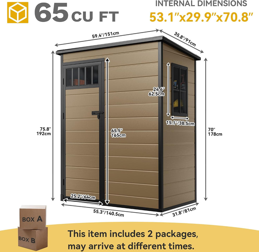 DWVO 5x3FT Outdoor Storage Shed with Fence-Style and Side Windows, Floor, Lockable Doors, Plastic Storage for Backyard and Garden, Brown
