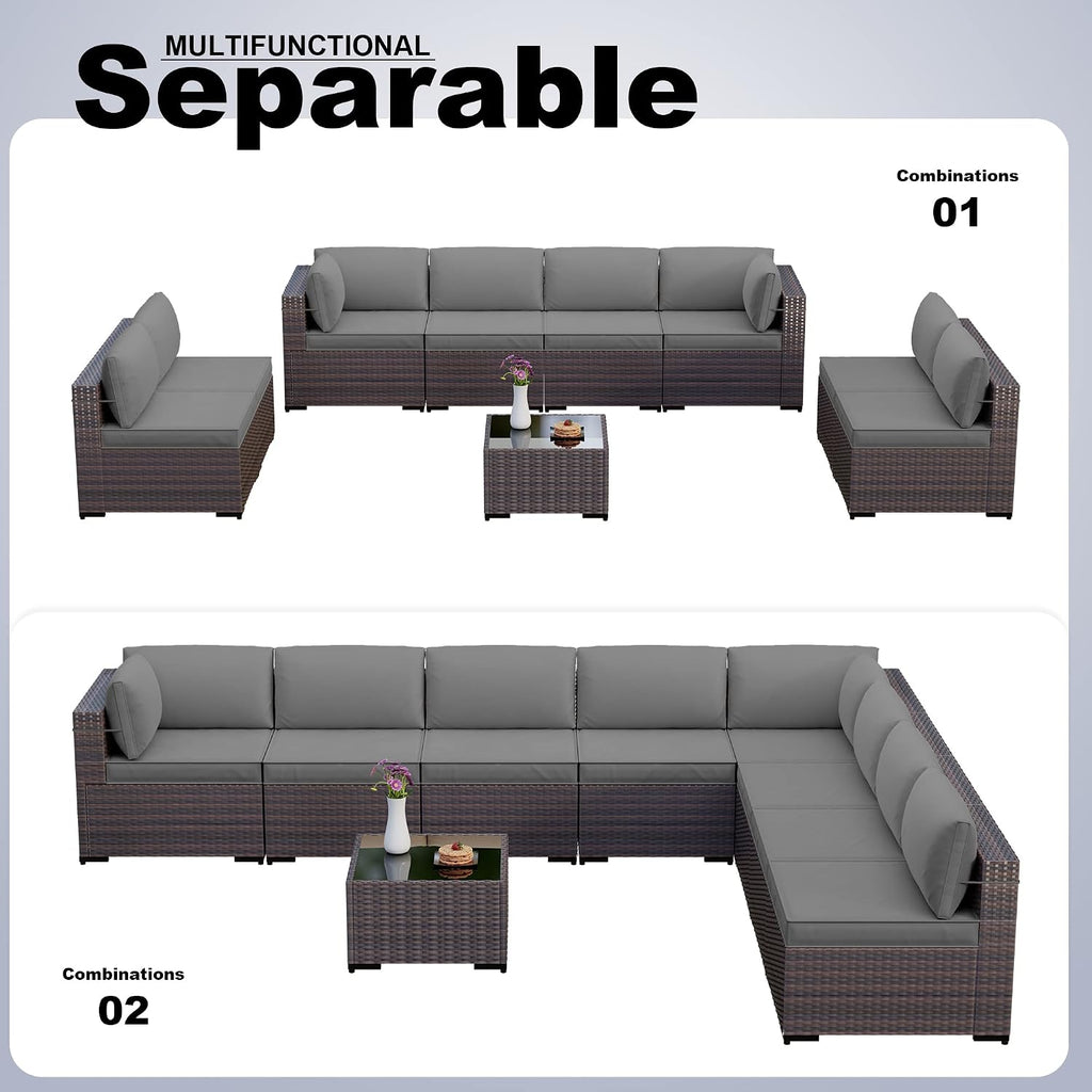 Kullavik 9 Pieces Outdoor Patio Furniture Set,Outdoor Sectional Rattan Sofa Set Brown PE Rattan Wicker Patio Conversation Set with Tempered Glass Coffee Table and Washable Cushions Covers,Grey