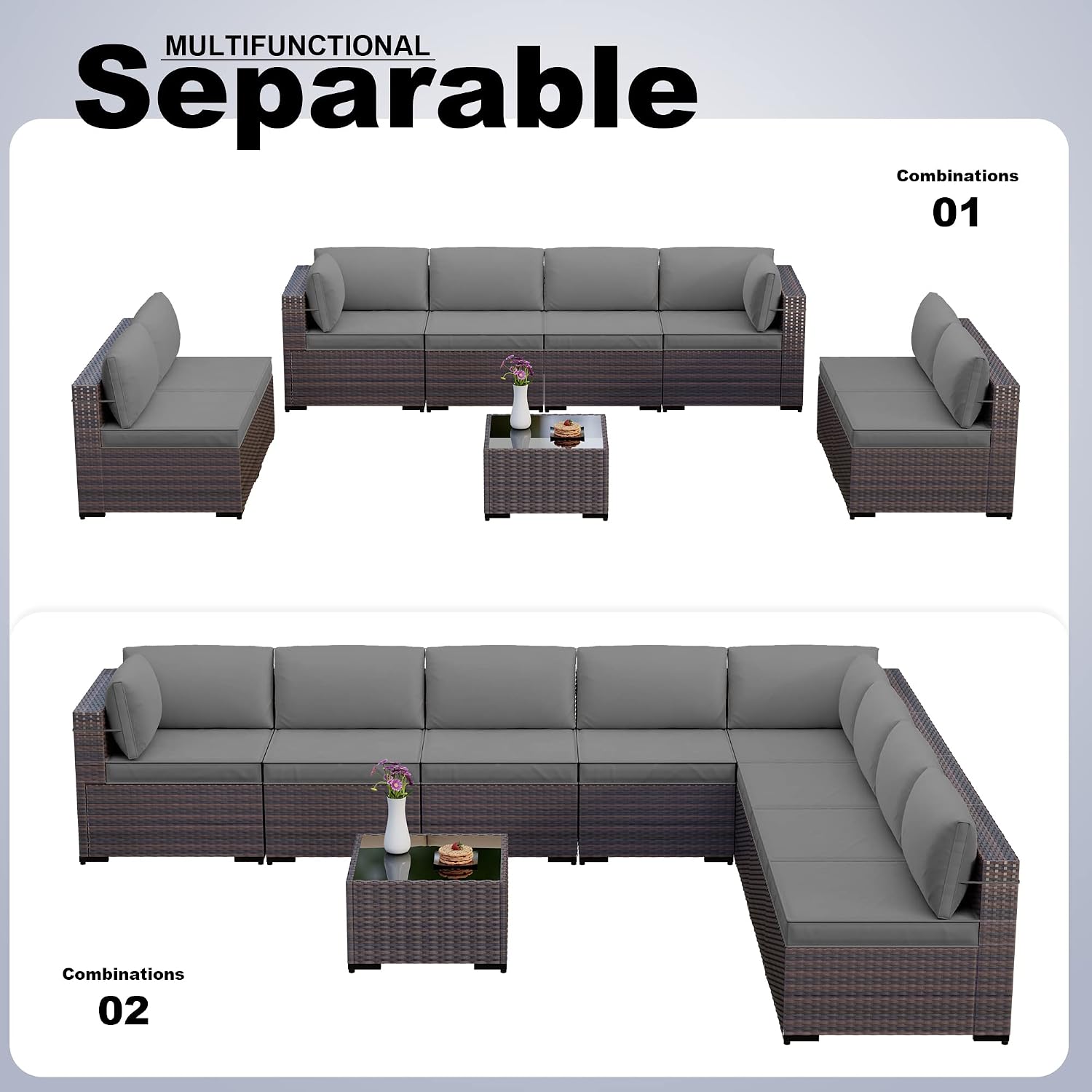 Kullavik 9 Pieces Outdoor Patio Furniture Set,Outdoor Sectional Rattan Sofa Set Brown PE Rattan Wicker Patio Conversation Set with Tempered Glass Coffee Table and Washable Cushions Covers,Grey