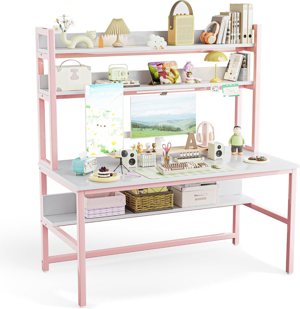 Aquzee Pink Girls Desk with Hutch, 55in Computer Desk with Bookshelf for Teens Adults, Craft Table for Bedroom Kids Room, White Pink Study Table with Shelves for Storage