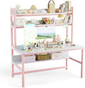 Aquzee Pink Girls Desk with Hutch, 55in Computer Desk with Bookshelf for Teens Adults, Craft Table for Bedroom Kids Room, White Pink Study Table with Shelves for Storage