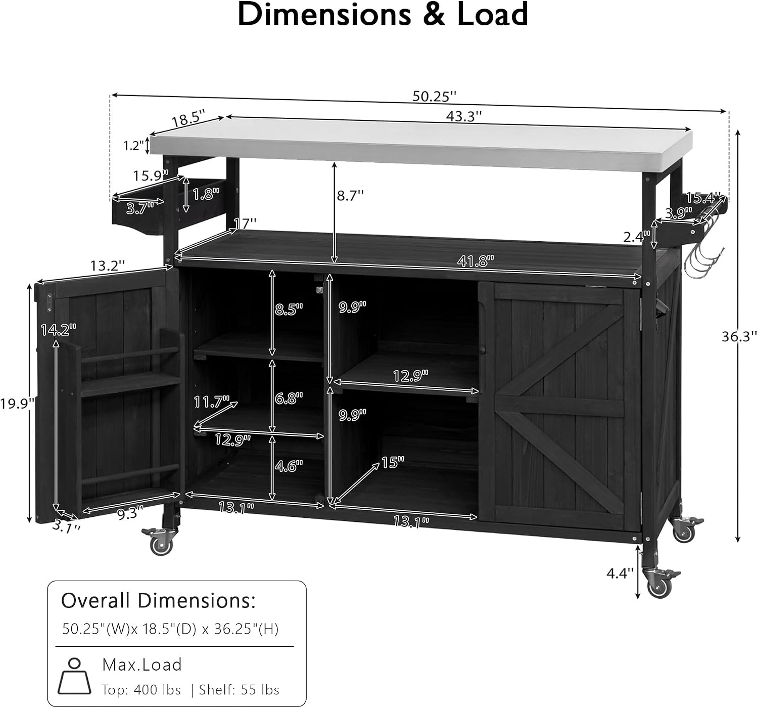 50.25' W Black Grill Cart with Stainless Steel Tabletop - Outdoor Storage Cabinet for BBQ, Bar Patio Kitchen Island with Ample Storage and Lockable Wheels