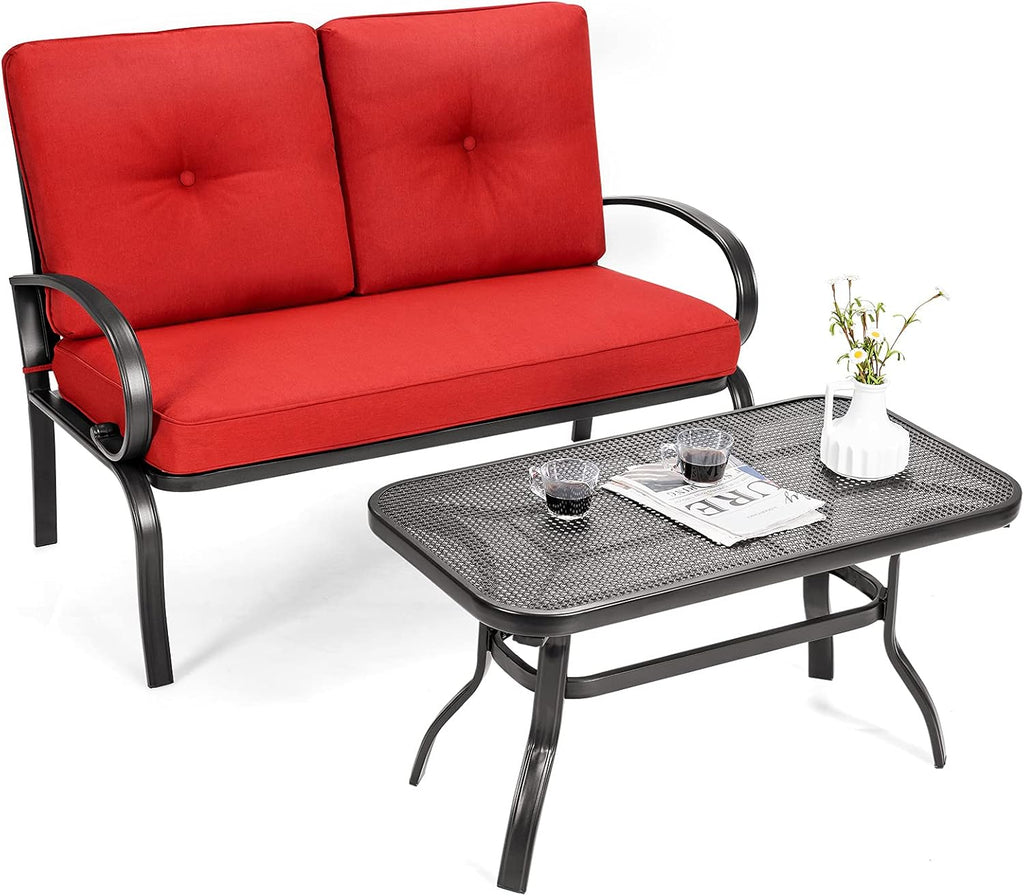 Giantex Patio Loveseat with Coffee Table Outdoor Bench with Cushion and Metal Frame, Loveseat Porch Furniture Set Sofa for Garden, Yard, Patio or Poolside (Red & Black)