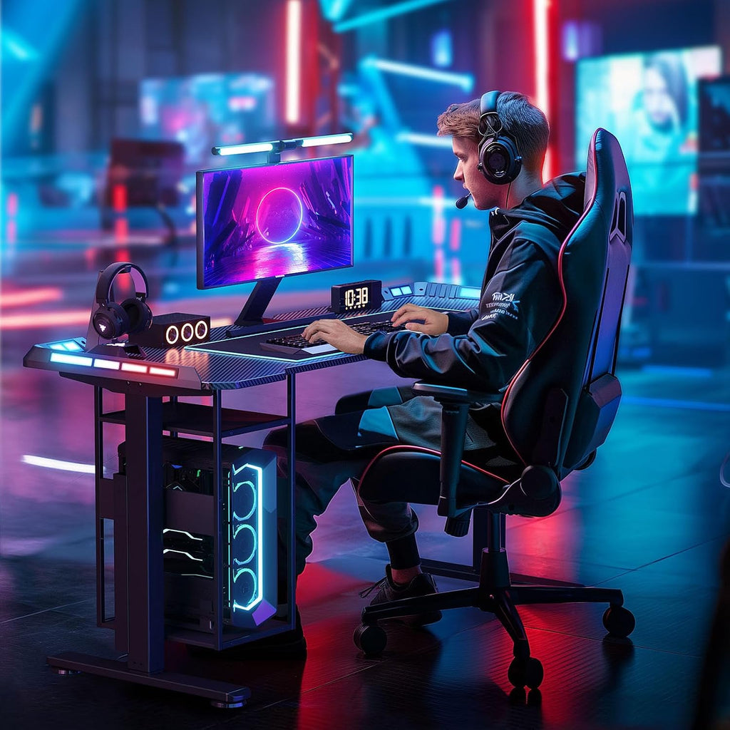Electric Gaming Desk with LED Lights & Host Shelf, 55' x 24' Gaming Standing Table with Music Sensing APP Control, Underdesk Cable Storage Stand Up Table, Black Carbon Fiber PC Desk for Home Office