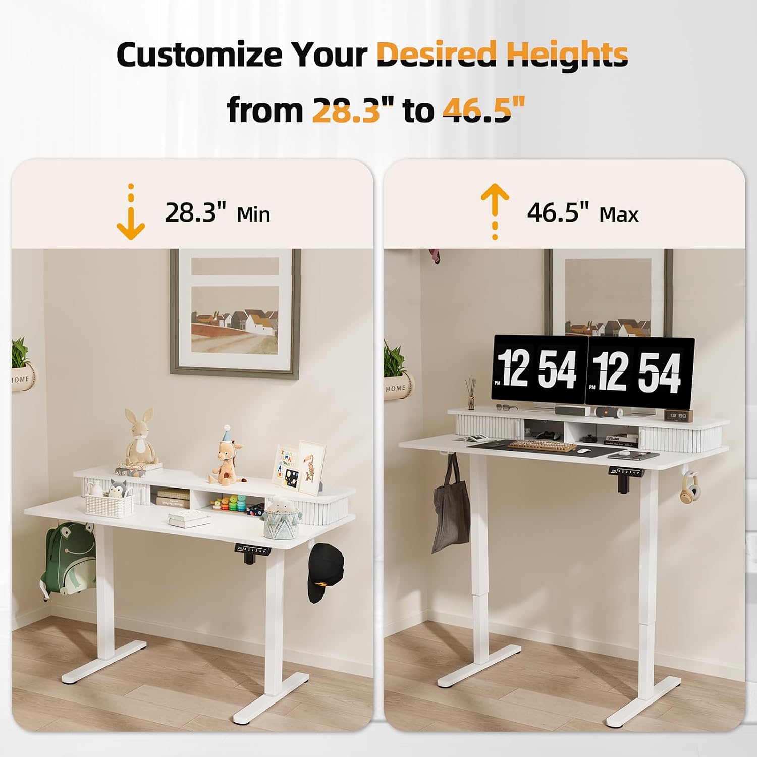 JOY worker Height Adjustable Electric Standing Desk with Storage Shelves, 55 Inch Desk with Built-in Monitor Stand, Sit Stand Workstation with 2 Hooks for Home Office, White