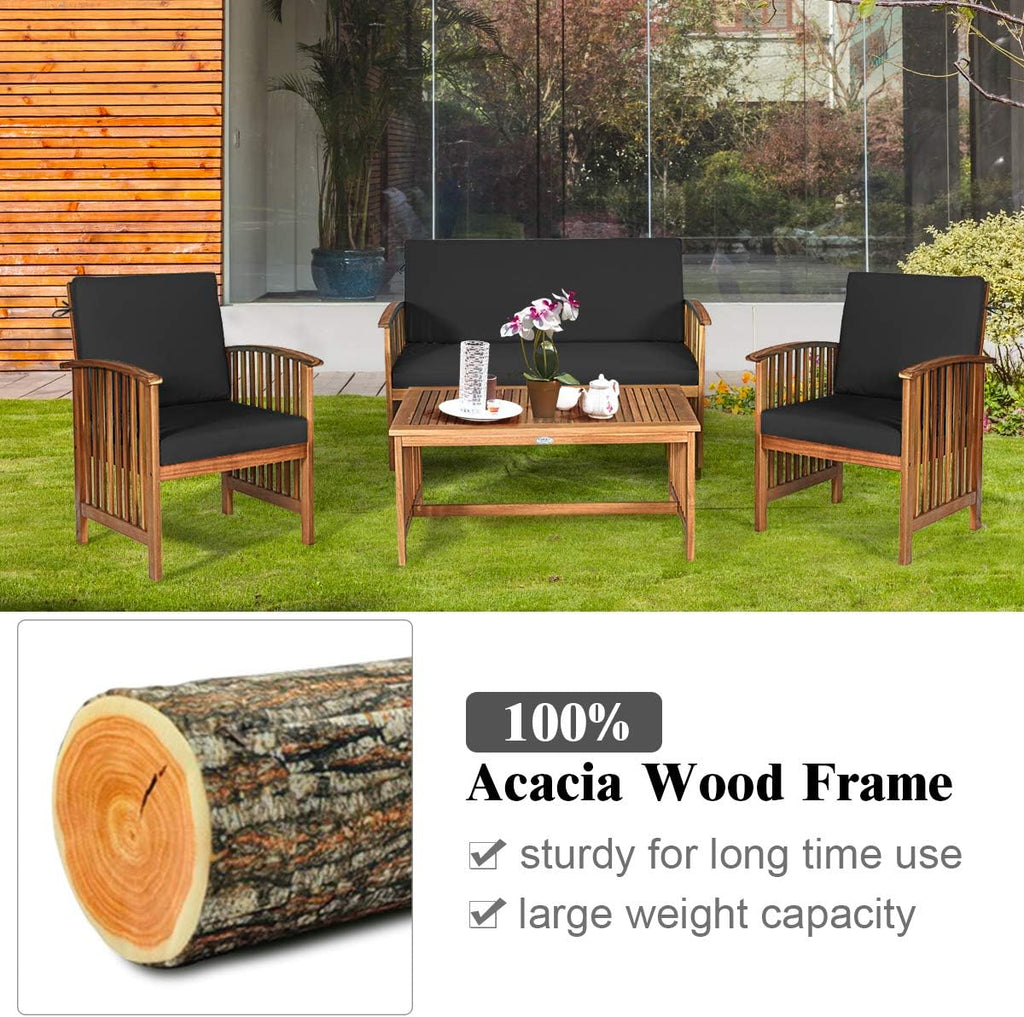 Tangkula 8 PCS Outdoor Acacia Wood Sofa Set with Water Resistant Cushions, Padded Patio Seating Chat Set w/Coffee Table for Garden, Backyard, Poolside (2, Black)