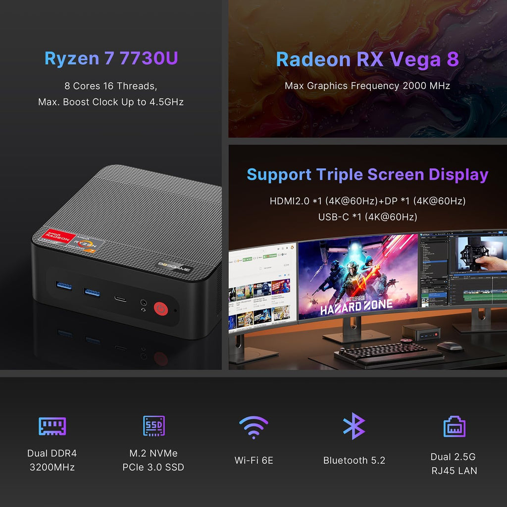 BOSGAME P4 Ultra Mini PC Gaming, Ryzen 7 7730U, 16GB RAM 1TB NVMe SSD Mini Computers, Dual 2.5G LAN, Wi-Fi 6E, BT5.2, 4K Triple Display HDMI | DP | Type-C, Home Office Business